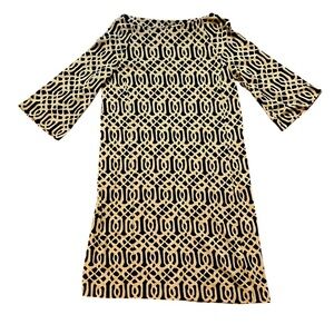 J. McLaughlin Shift Dress Size L Black Tan Design Boatneck Stretch Career Church